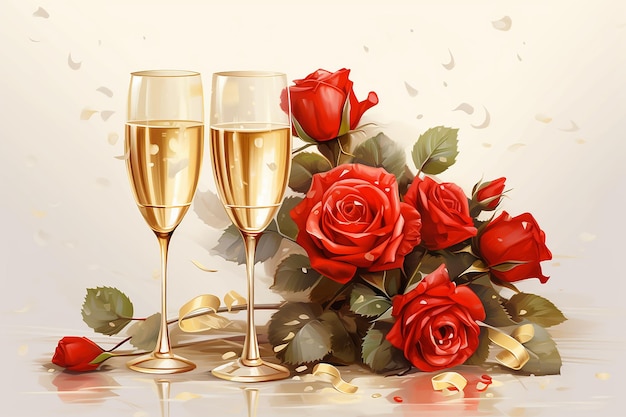 Dwa kieliszki szampana i różowe róże na niewyraźnym tle świąteczne święta dla dwóch