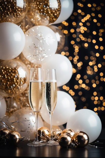 Dwa kieliszki szampana na stole w uroczystym otoczeniu ze złotymi balonami
