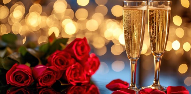 Dwa kieliszki szampana z różami w kształcie serca