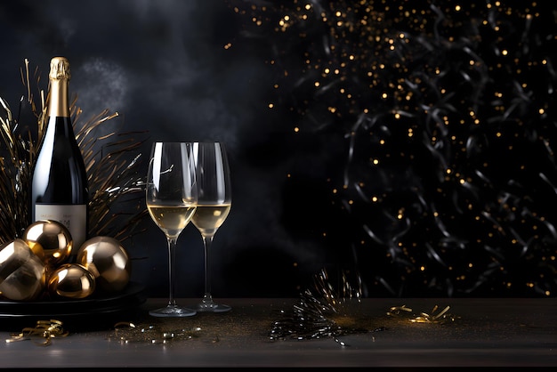 Dwa kieliszki z szampana, kulki i konfetti na ciemnym tle, baner z tła na Wigilię Nowego Roku z miejscem dla własnej treści