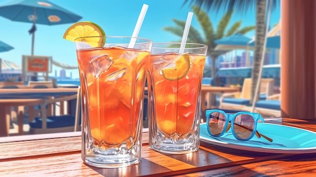 Dwa koktajle i okulary przeciwsłoneczne w restauracji na plaży Generative ai