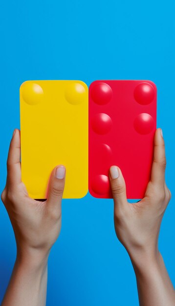dwa kolorowe domino w rękach na niebieskim tle