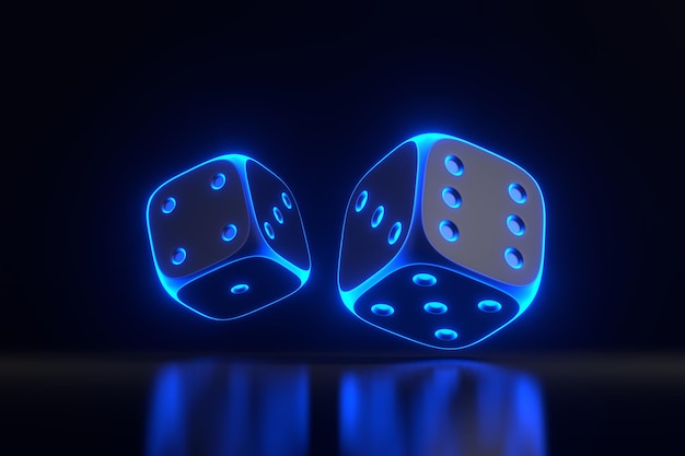 Dwa kości hazardowe z futurystycznymi niebieskimi światłami neonowymi na czarnym tle Lucky dice 3D