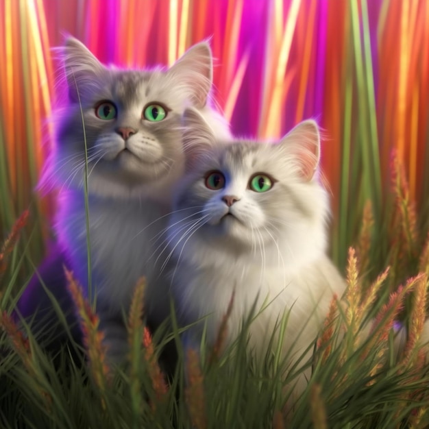 Dwa koty w trawie na kolorowym tle