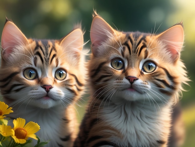 Dwa koty z kwiatem w tle