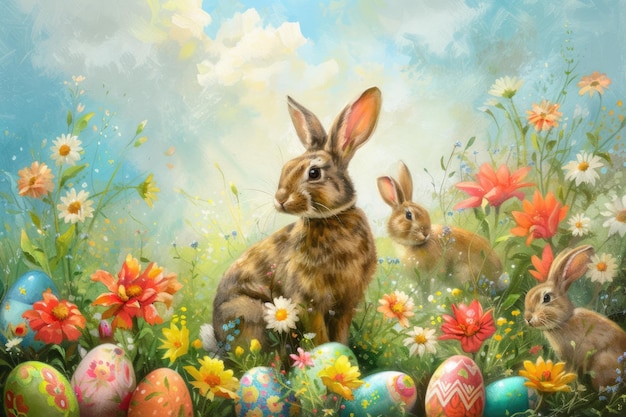 Dwa króliki na polu kwiatów i jaja wielkanocne na trawie