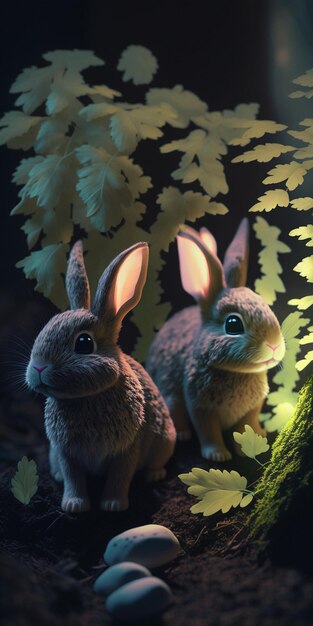 Dwa króliki w lesie z liśćmi na ziemi