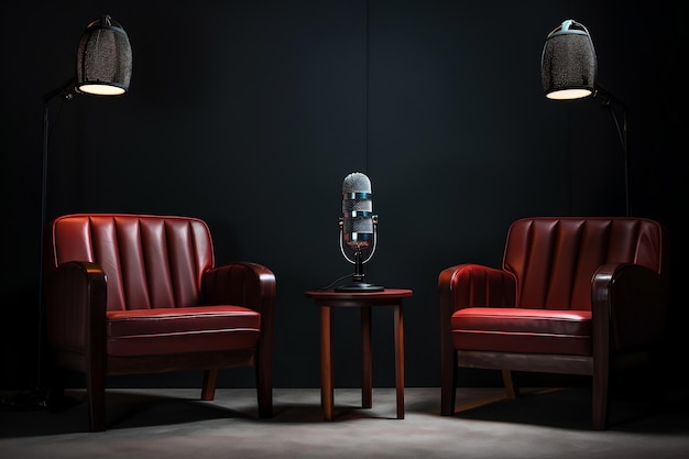 Dwa krzesła i mikrofony w podcascie lub wywiadzie Generative Ai