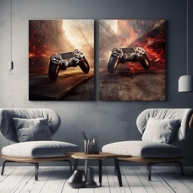 Dwa krzesła i stół w pokoju ze ścianą z dwoma obrazami generatywnej ai gier wideo