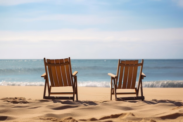 Dwa krzesła na plaży, w pobliżu oceanu, na gotową na miesiąc miodowy parę generatywną ai