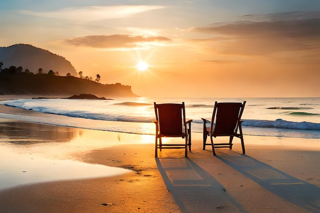 Dwa krzesła na plaży z zachodem słońca w tle