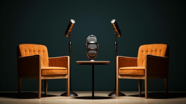 Zdjęcie dwa krzesła w ciemnym pokoju z mikrofonami do rozmów medialnych lub koncepcji strumieniowych podcastów