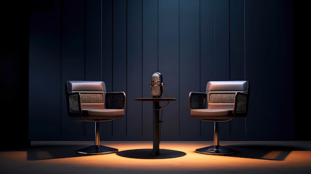 Dwa krzesła z mikrofonem po lewej i mikrofonem po prawej.