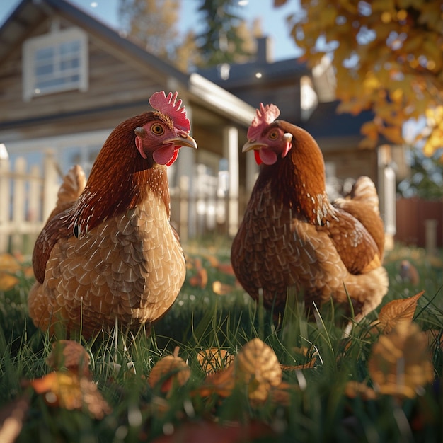 Zdjęcie dwa kurczaki stoją w trawie, z których jeden jest kurczakiem.