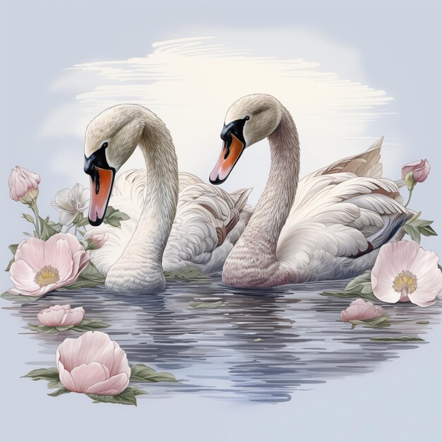 Dwa łabędzie pływają w wodzie z różowymi kwiatami.