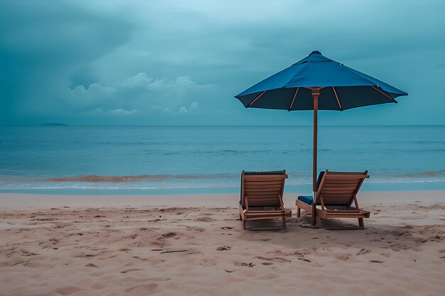 Dwa leżące na plaży krzesła z parasolem