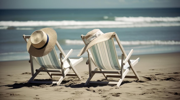 Dwa leżaki i kapelusz relaksujący na słonecznej plaży Generative ai