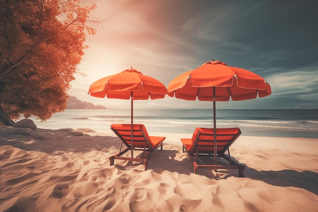 Dwa leżaki i parasol na tropikalnej plaży z morzem i niebem w kolorze vintage