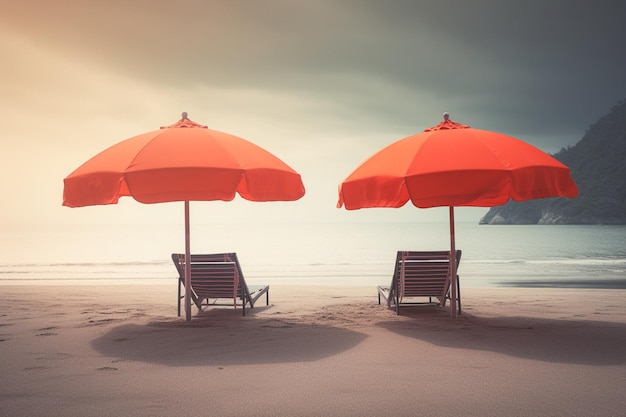 Dwa leżaki i parasol na tropikalnej plaży z morzem i niebem w kolorze vintage