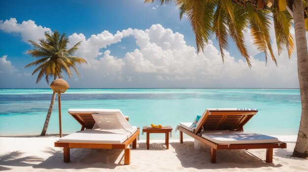 Dwa leżaki na pięknej plaży na Malediwach