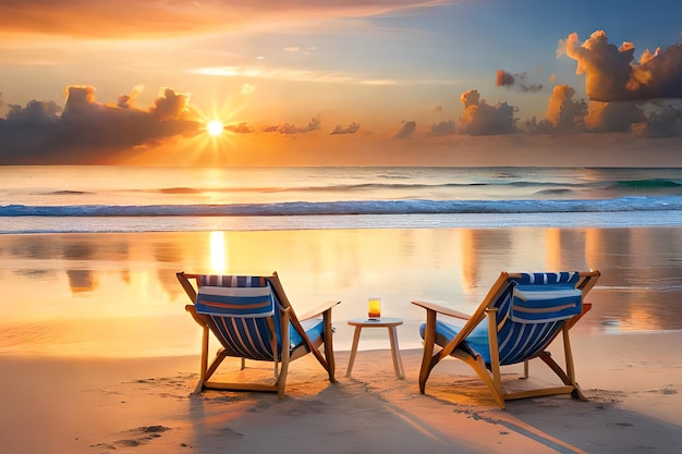Dwa leżaki na plaży z zachodem słońca w tle