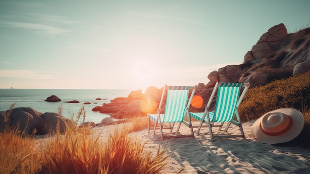 Dwa leżaki na plaży z zachodzącym za nimi słońcem