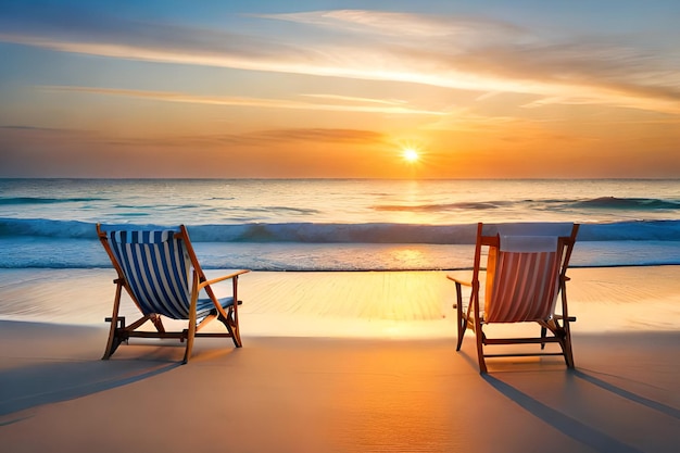 Dwa leżaki na plaży z zachodzącym za nimi słońcem