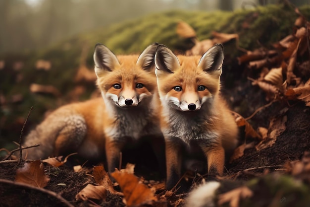 Zdjęcie dwa lisy w lesie z liśćmi na ziemi
