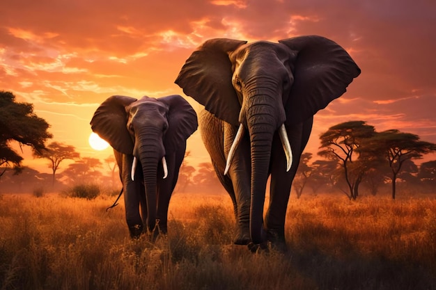 Dwa majestatyczne słonie stojące na rozległej afrykańskiej sawannie wygenerowanej przez ai
