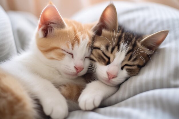 Dwa małe domowe kociaki śpiące przytulone do siebie urocze koty domowe