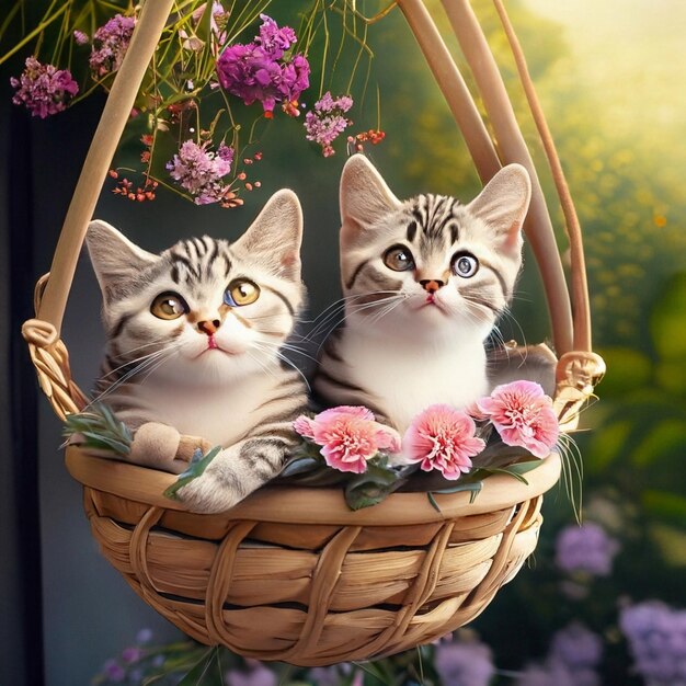 Dwa małe kotki siedzące na koszyku