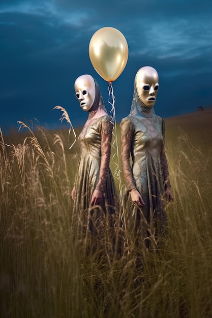 Dwa manekiny na polu z balonem, który mówi śmierć
