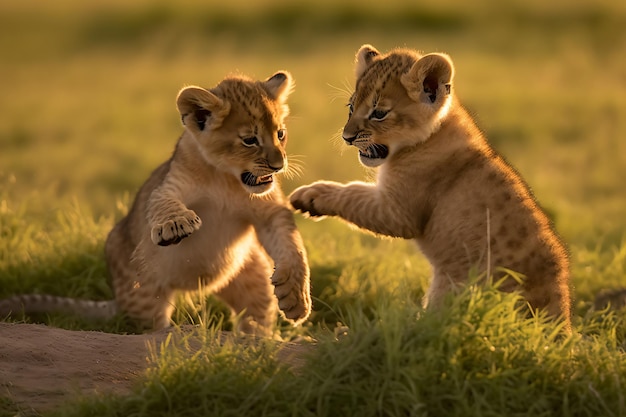 dwa młode lwy bawiące się ze sobą w trawie