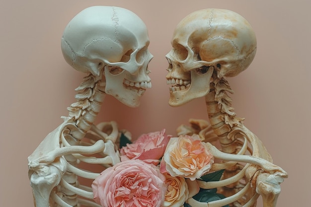 Dwa modele ludzkich szkieletów ustawione twarzą w twarz z pomarańczowymi różami na koralowym tle