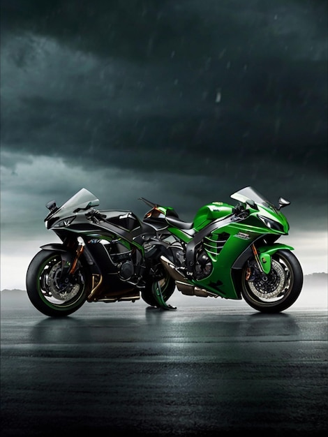 Dwa motocykle zaparkowane w deszczu z ciemnym tłem
