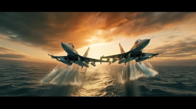 Dwa myśliwce sił powietrznych latające nad oceanem na niskiej wysokości piękny zachód słońca na tle Jet samolot wojskowy patroluje terytorium wykonuje lot szkoleniowy Zbliżony widok powietrzny renderowanie 3D