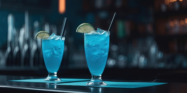 Dwa niebieskie kieliszki z neonowymi koktajlami alkoholowymi.