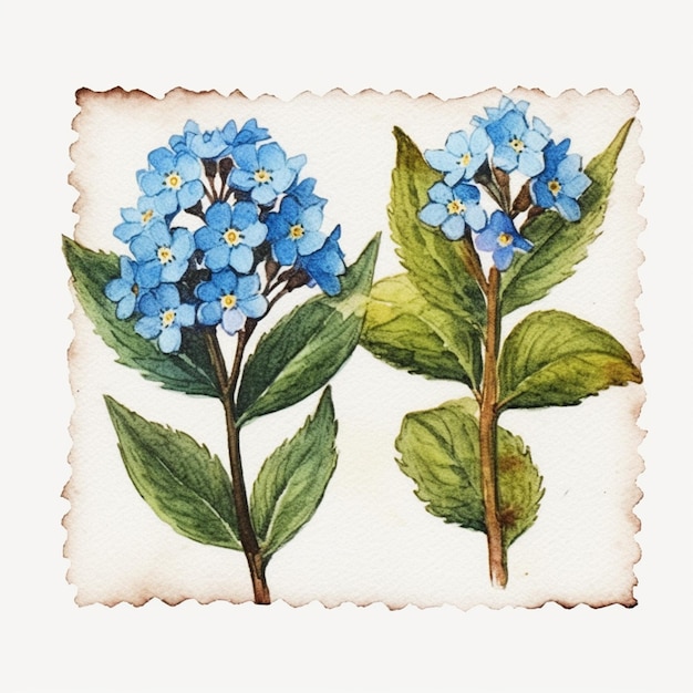 Dwa niebieskie kwiaty na białym tle z zielonymi liśćmi.