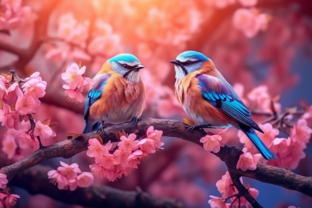 Dwa niebieskie ptaki siedzące na gałęzi kwitnącej sakury