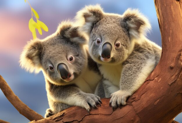 Zdjęcie dwa niedźwiedzie koala na szczycie drzewa