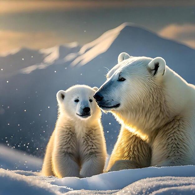 Dwa niedźwiedzie polarne siedzą w śniegu.