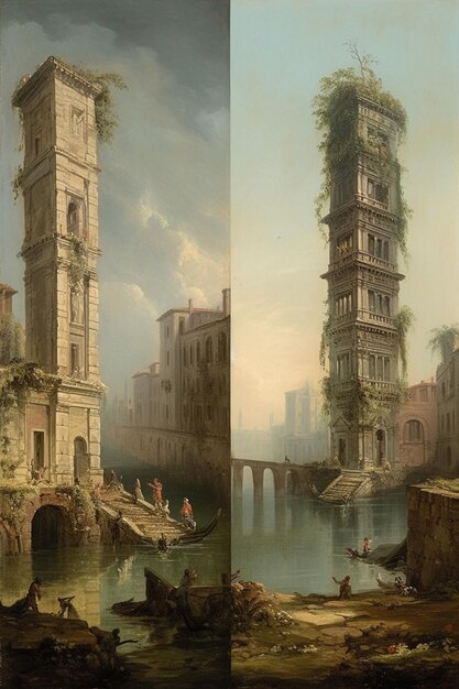 Dwa obrazy przedstawiające budynek z wieżą i łódkę na wodzie.