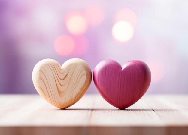 Zdjęcie dwa obrazy serc wykonane z drewna na drewnianym stole w stylu szarego jasnego i fioletowego