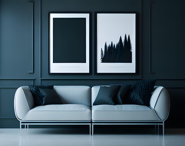 Dwa obrazy w ramkach na ścianie z białą kanapą i białą kanapą.