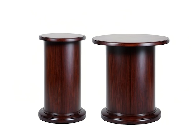 Dwa okrągłe drewniane stoły z okrągłym blatem i drewnianym blatem.