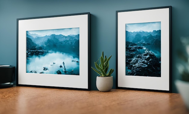 Zdjęcie dwa oprawione obrazy przedstawiające góry i roślinę na stole.