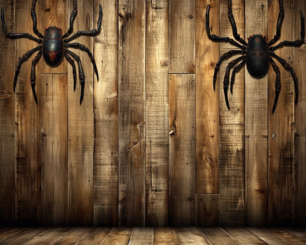 Dwa pająki wiszące na drewnianej ścianie z napisem pająk na ścianie.
