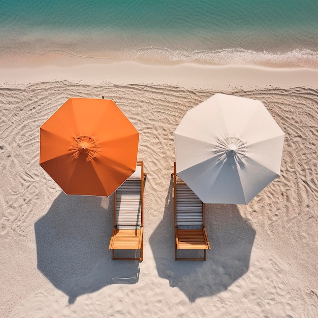 Dwa parasole na plaży w pobliżu morzaWidok z góry