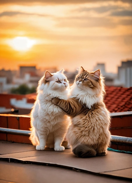 Dwa perskie koty tańczą na dachu, pokazując uczucie.