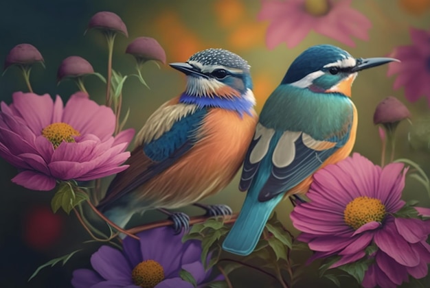 Dwa piękne ptaki nad kwiatami generatywnymi AI